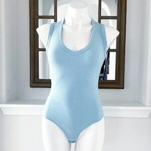 Drew Bodysuit XS NWT Sleeveless V-Neck Ribbed Ice Blue Fog Neutral Minimalist
